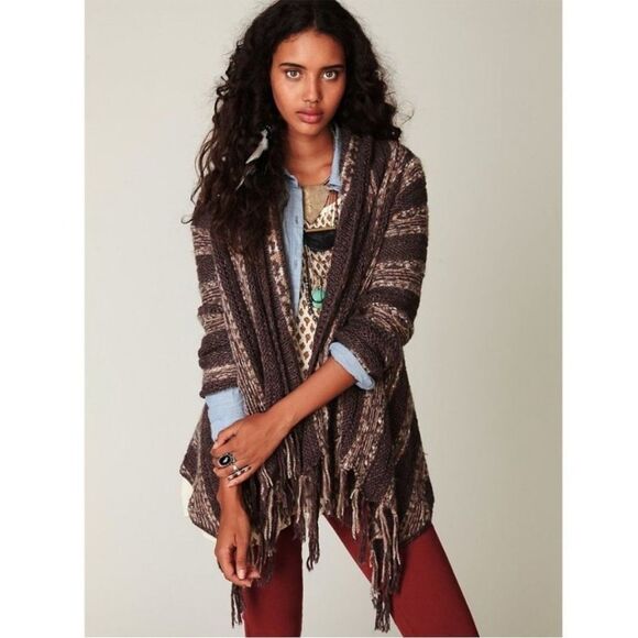 Free People Multi Striped Mohair Blend Fringe Waterfall Knit Cardigan Size Small - Picture 1 of 13